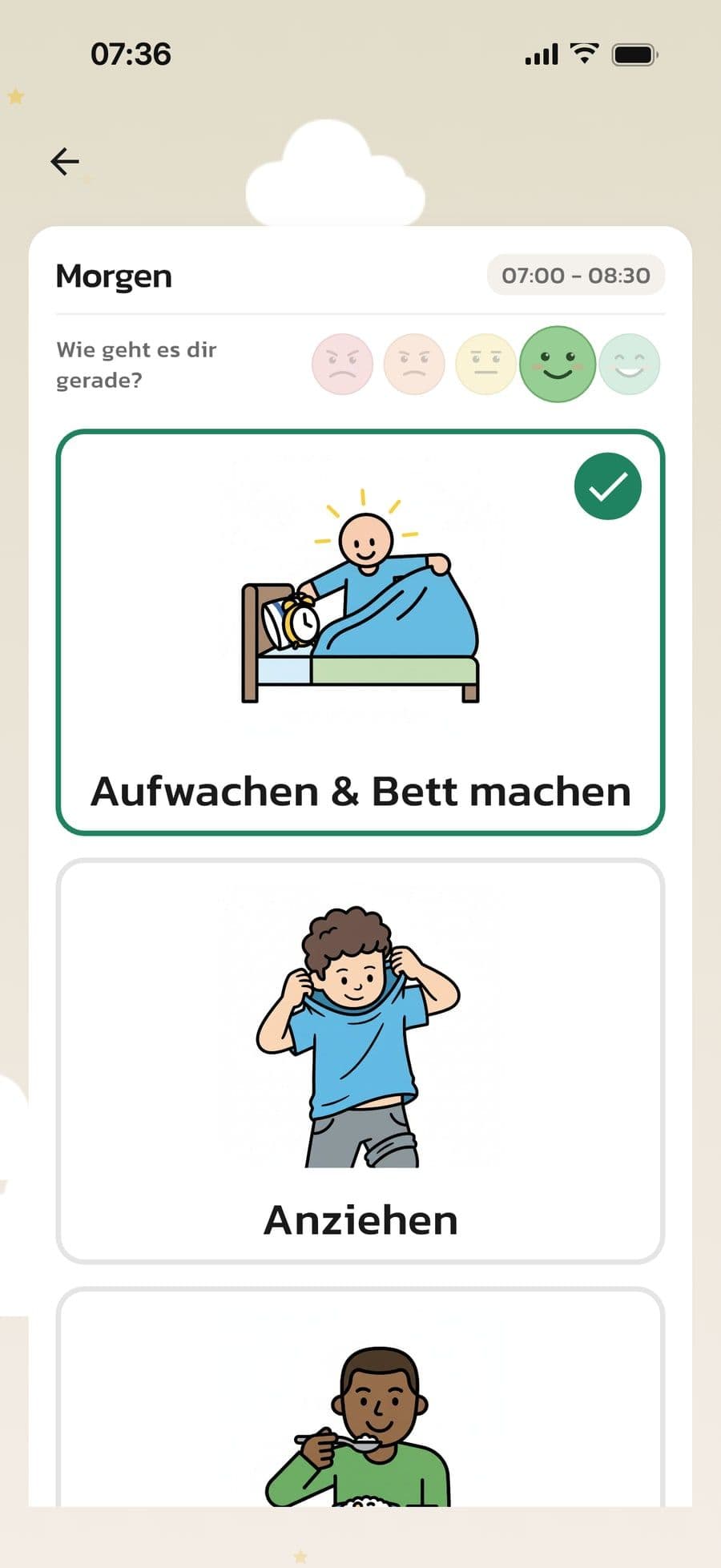 Die Morgenroutine des Kindes in Routined mit der Frage Wie geht es dir gerade? und einem ausgewählten Gesicht