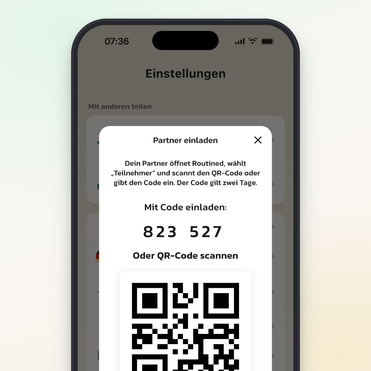 Partnereinladung in Routined mit einem sechsstelligen Code und einem QR-Code