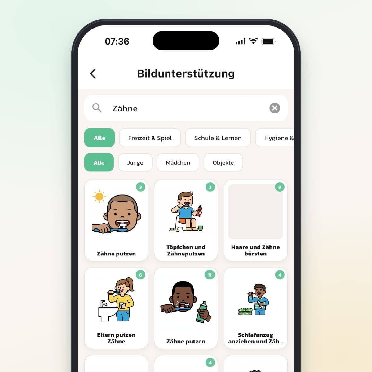 Die Bildbibliothek in Routined mit der Suche nach Zähne und Bildern vom Zähneputzen