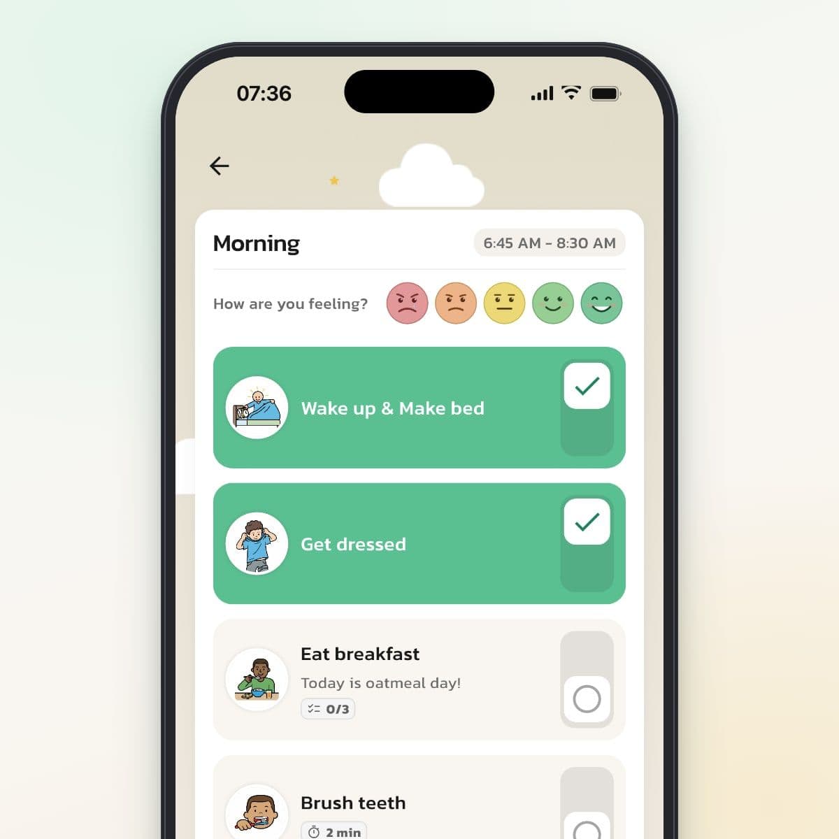 The Standard display mode in Routined: a list with small pictures and checkboxes