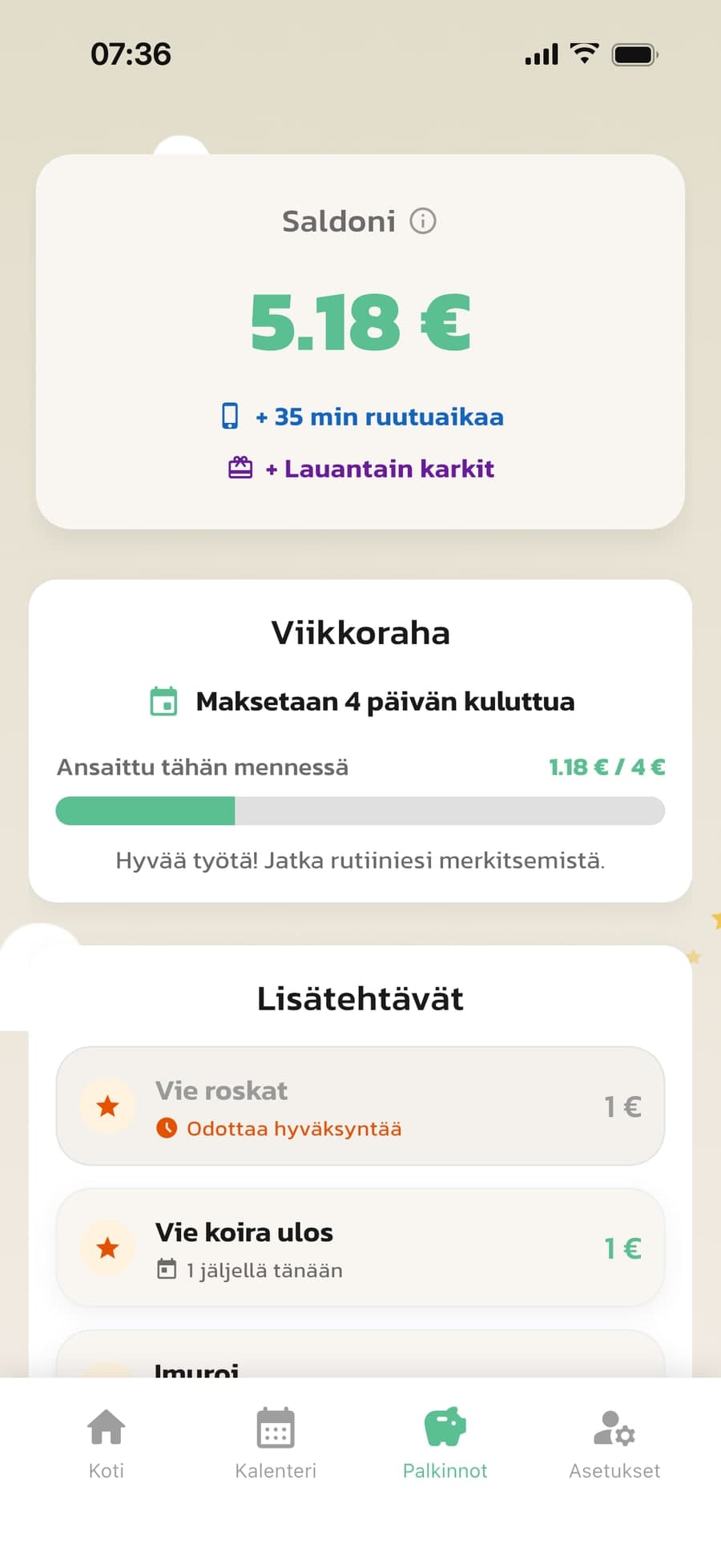 Lapsen Palkinnot-välilehti Routinedissa: saldo, viikkoraha ja lisätehtävät
