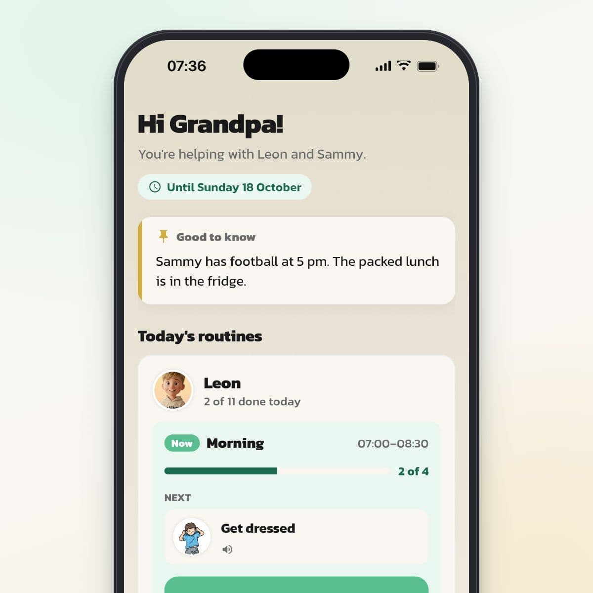 The helper's home screen in Routined with today's routine and the next step