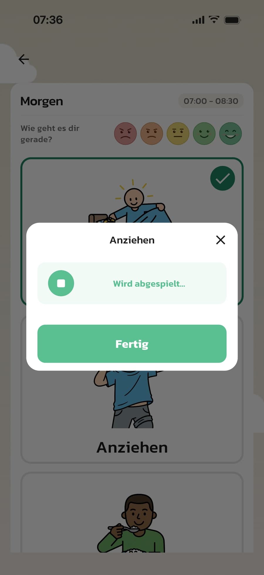 Eine Sprachnachricht wird abgespielt, als das Kind den Schritt Anziehen in Routined öffnet