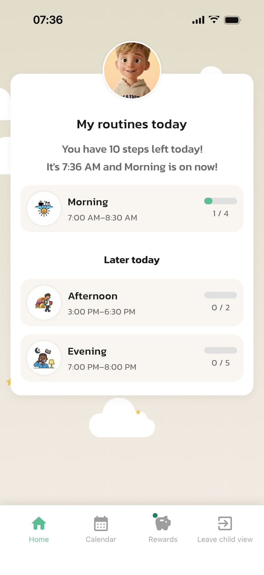 The child's home screen in Routined, opened with Act as on the parent's phone