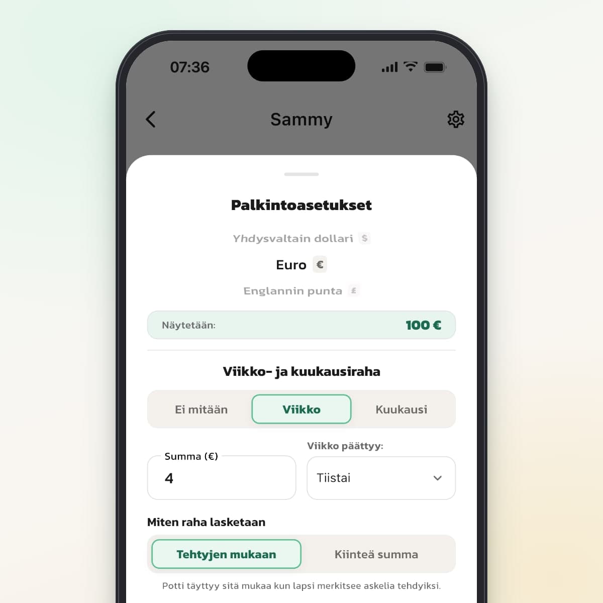 Palkintoasetukset Routinedissa: valuutta, 4 euron viikkoraha ja valinta Tehtyjen mukaan