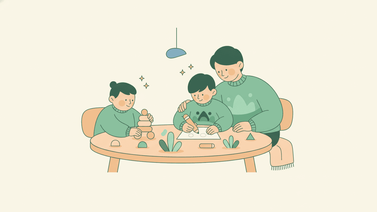 Two children of different ages doing their own activities side by side with a parent between them