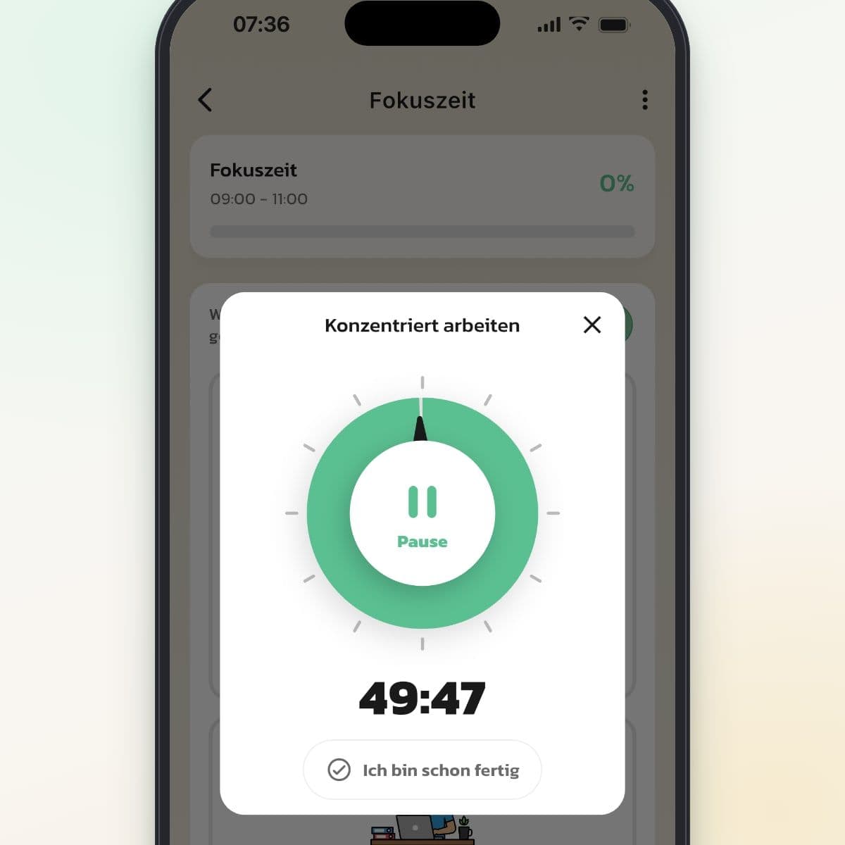 Der Timer in Routined beim Schritt Konzentriert arbeiten, mit 49:50 übrig