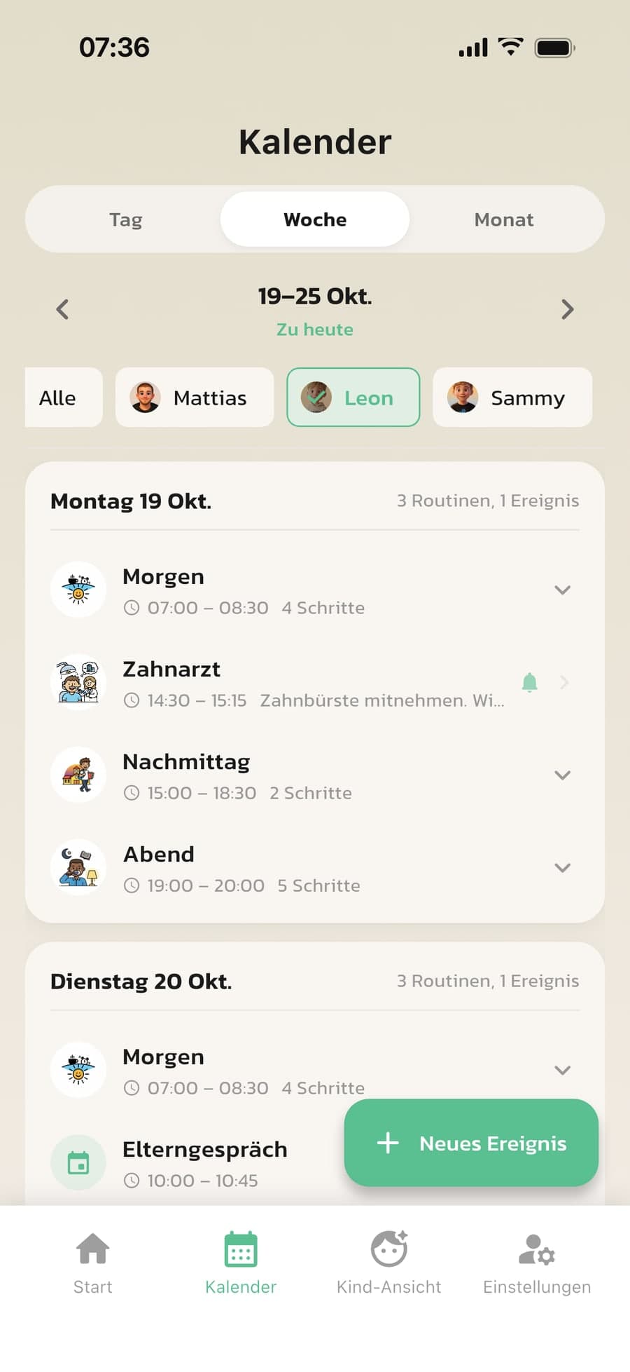 Der Kalender in Routined mit den Routinen des Kindes und einem Zahnarzttermin