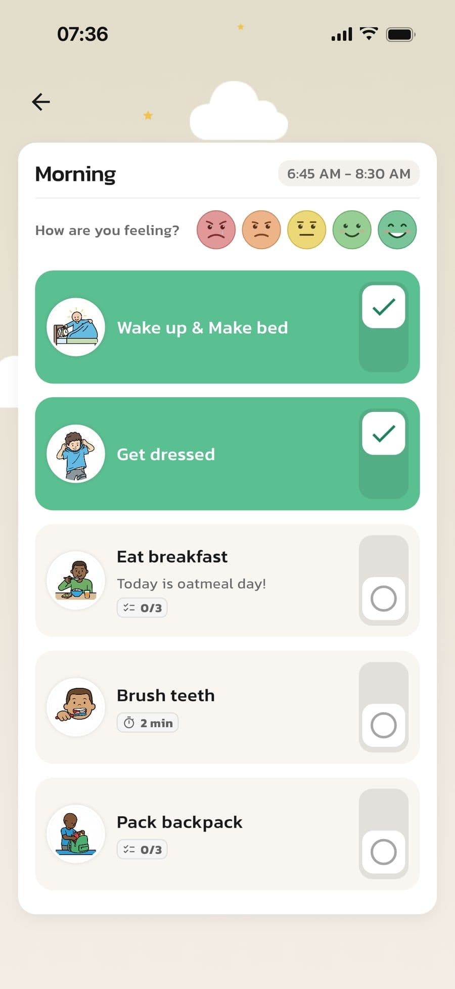 A morning routine in the Standard display mode in Routined