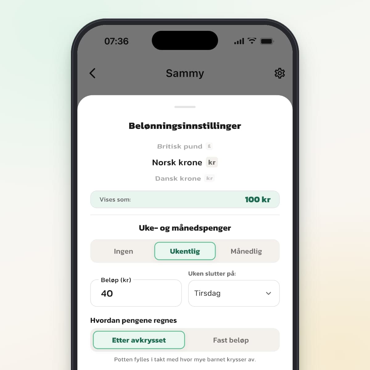 Innstillinger for belønninger i Routined med valuta, ukepenger på 40 kr og valget Etter avkrysset