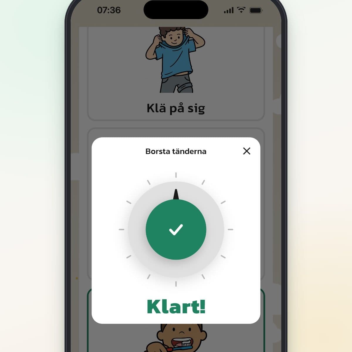 Timern i Rutinerad när tiden är slut, med texten Klart! och en grön bock