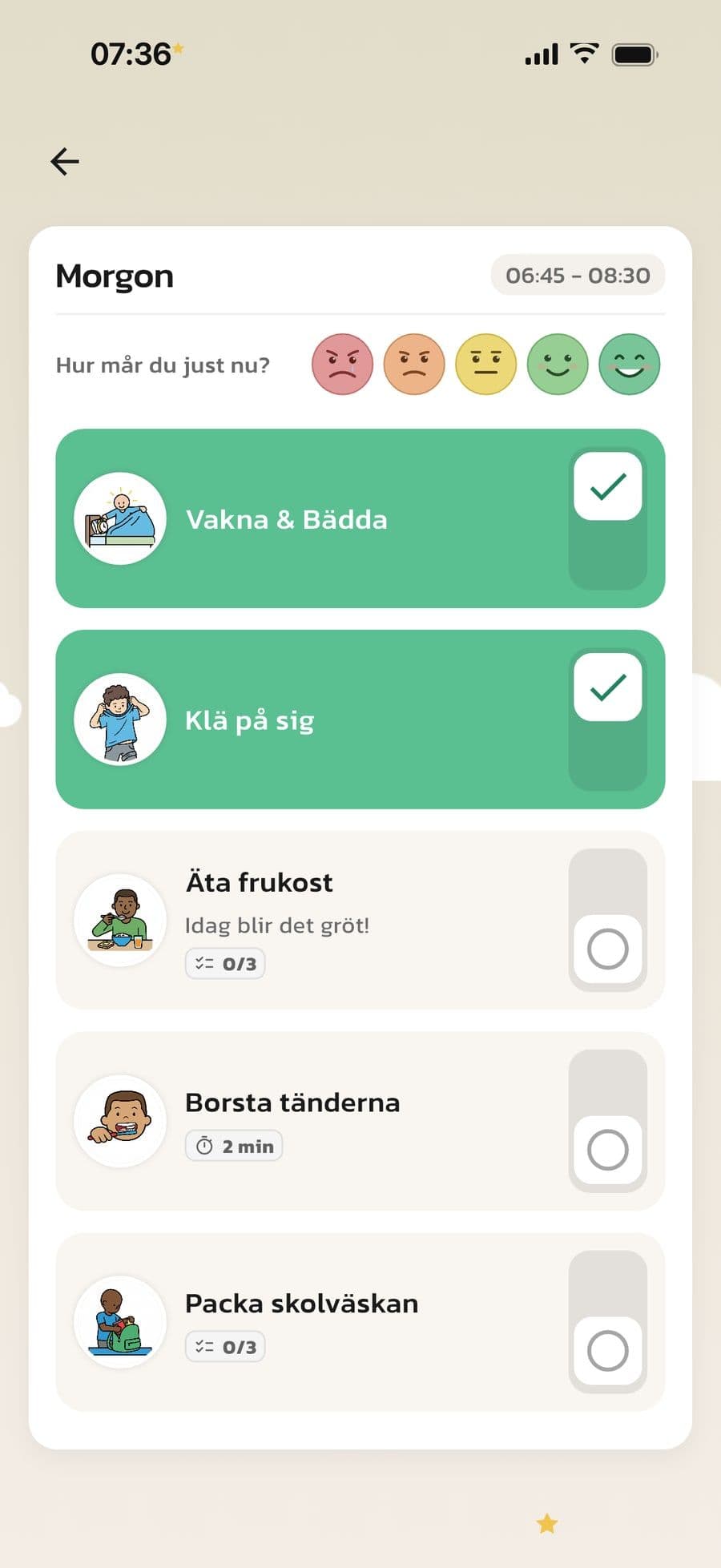 En morgonrutin i visningsläget Standard i Rutinerad