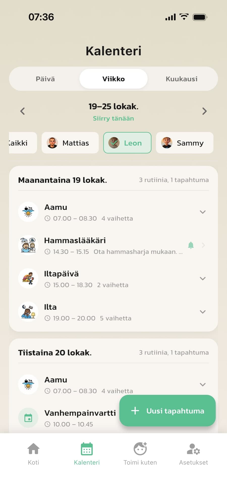 Routinedin kalenteri, jossa näkyvät lapsen rutiinit ja hammaslääkärikäynti