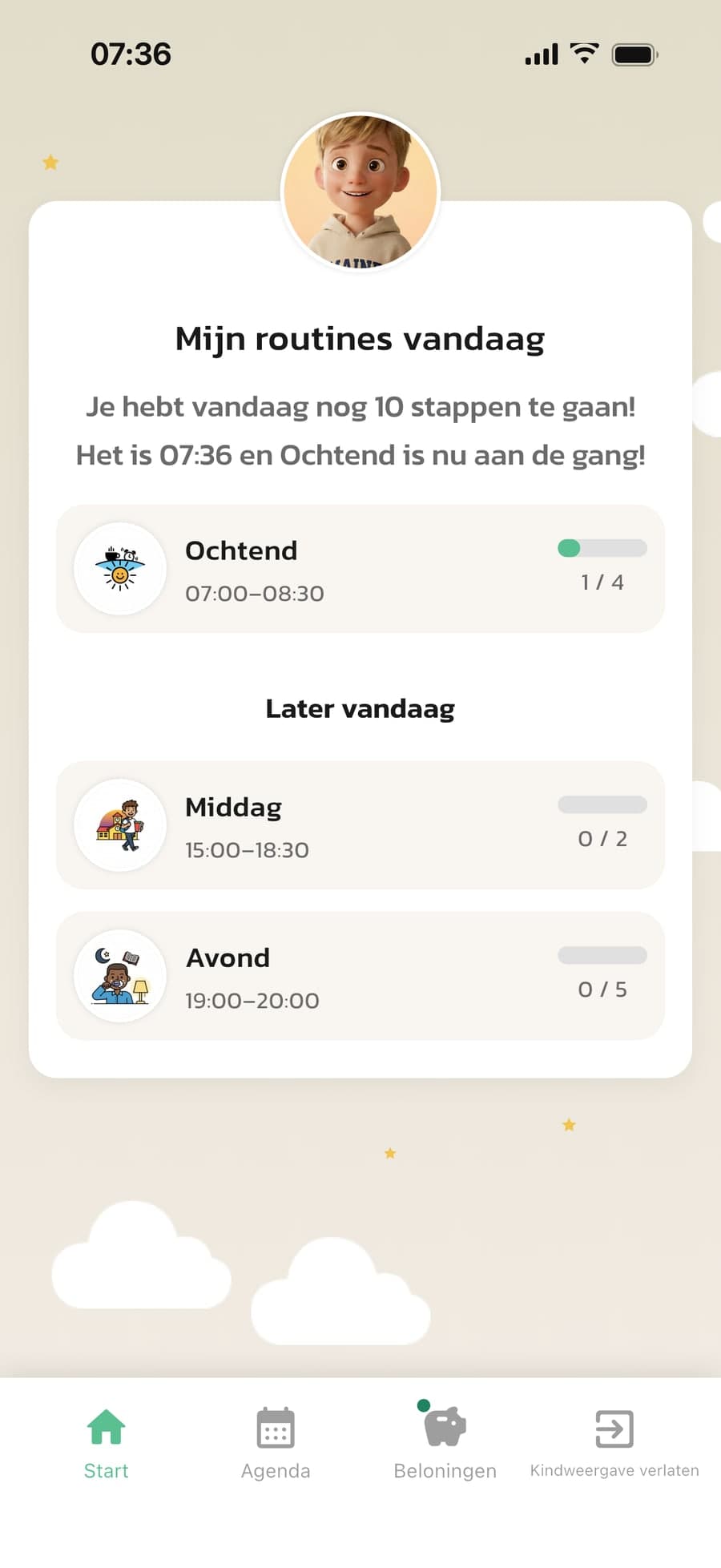 Het startscherm van het kind in Routined, geopend met Kindweergave op de telefoon van de ouder