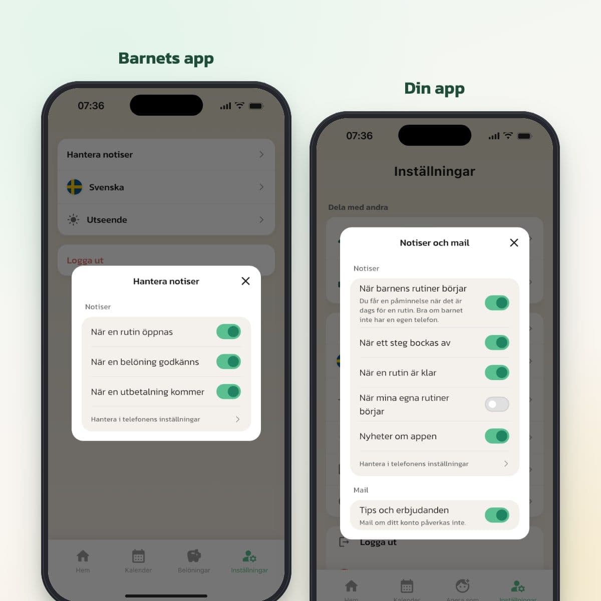 Hantera notiser på barnets enhet och Notiser och mail i förälderns app i Rutinerad