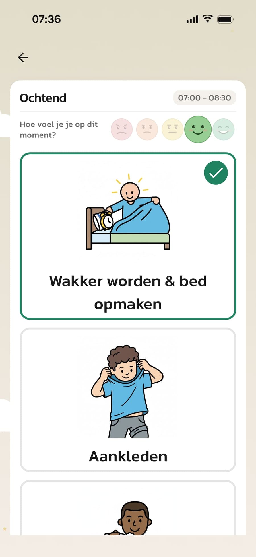 De ochtendroutine van het kind in Routined met de vraag Hoe voel je je op dit moment? en een gekozen gezichtje