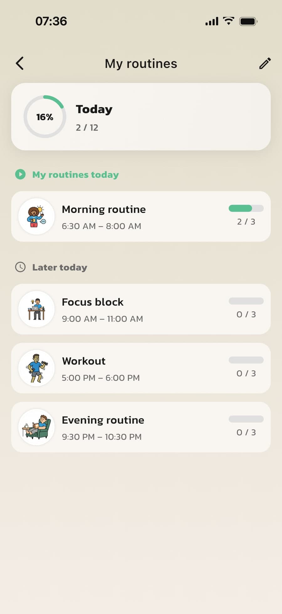 My routines in Routined with an adult's own routines for the day