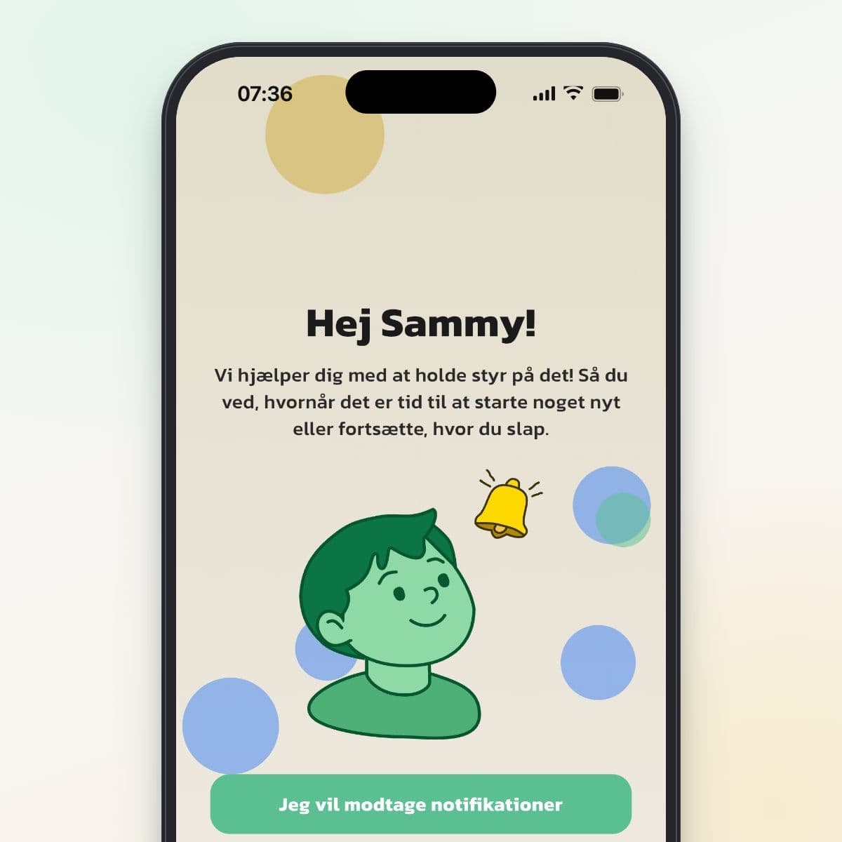 Velkomstskærmen Hej Sammy! i Routined med knappen Jeg vil modtage notifikationer