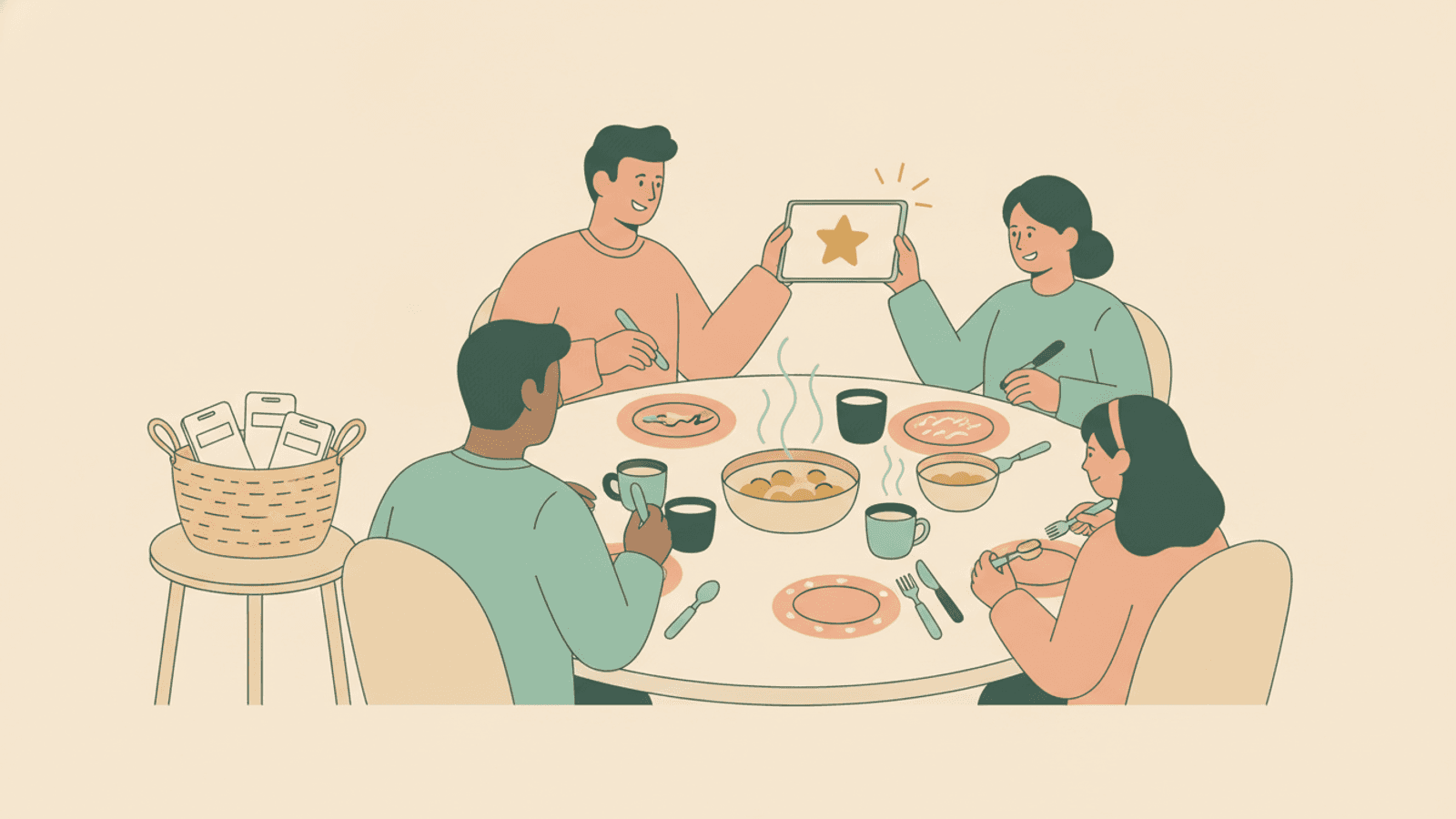 A family eating dinner together with phones set aside in a basket by the wall