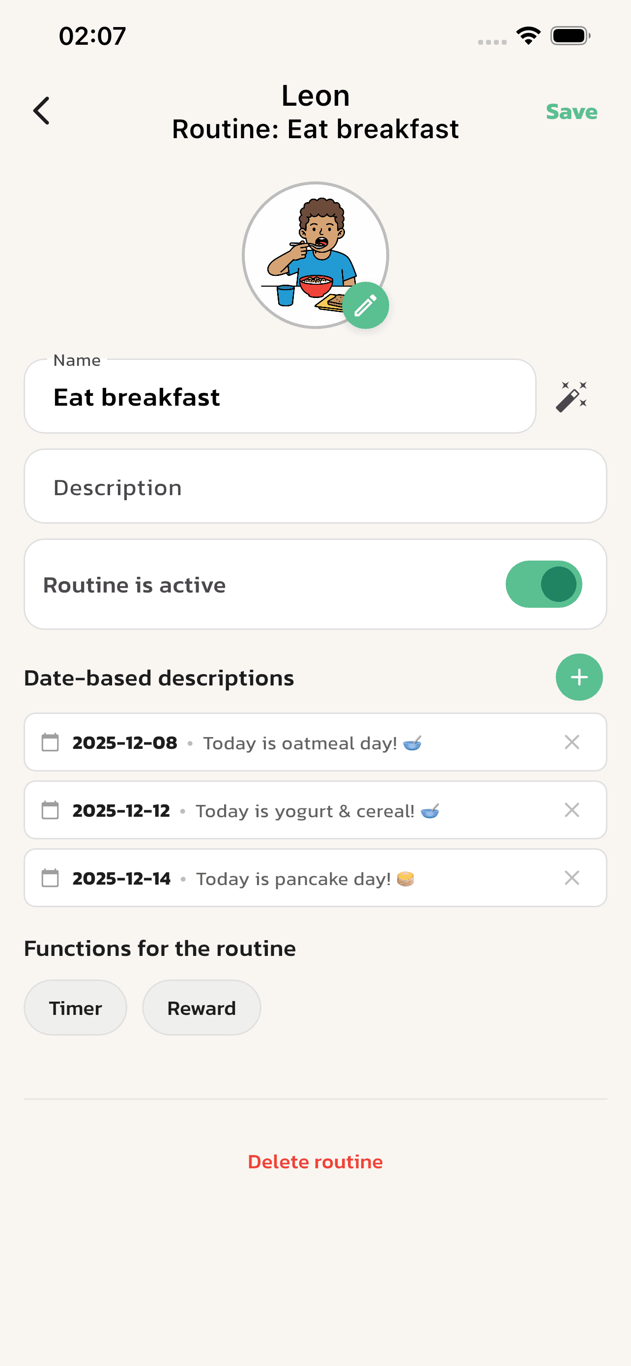 Screen in the Rutinerad app for setting up a "Eat breakfast" routine, featuring visual support, date-specific descriptions for different meals, and functional options like timers and rewards.