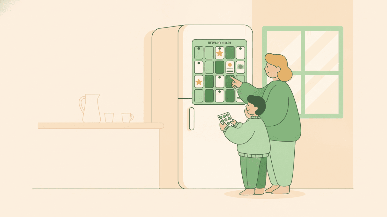 Ein Elternteil und ein Kind betrachten nachdenklich eine Belohnungstafel am Kühlschrank und wählen gemeinsam neue Sticker.