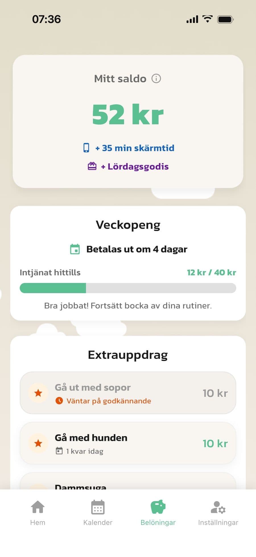 Barnets flik Belöningar i Rutinerad med saldo, veckopeng och extrauppdrag