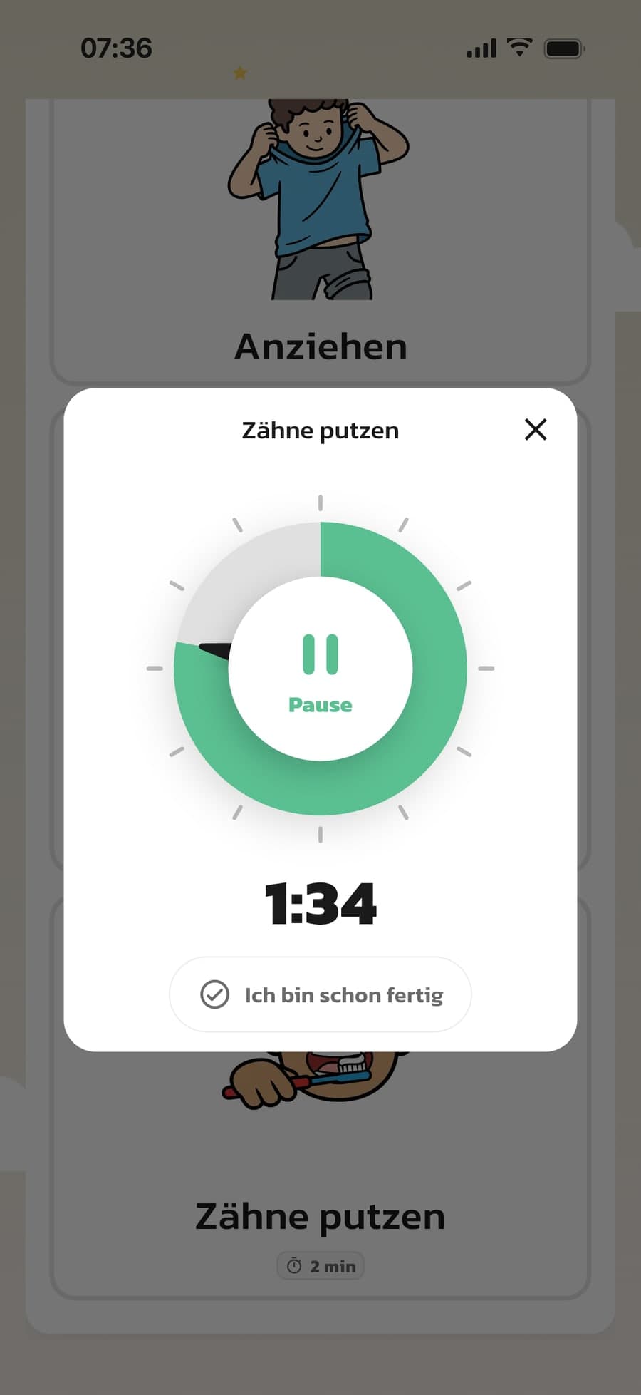 Der Timer in Routined mitten im Countdown beim Schritt Zähne putzen