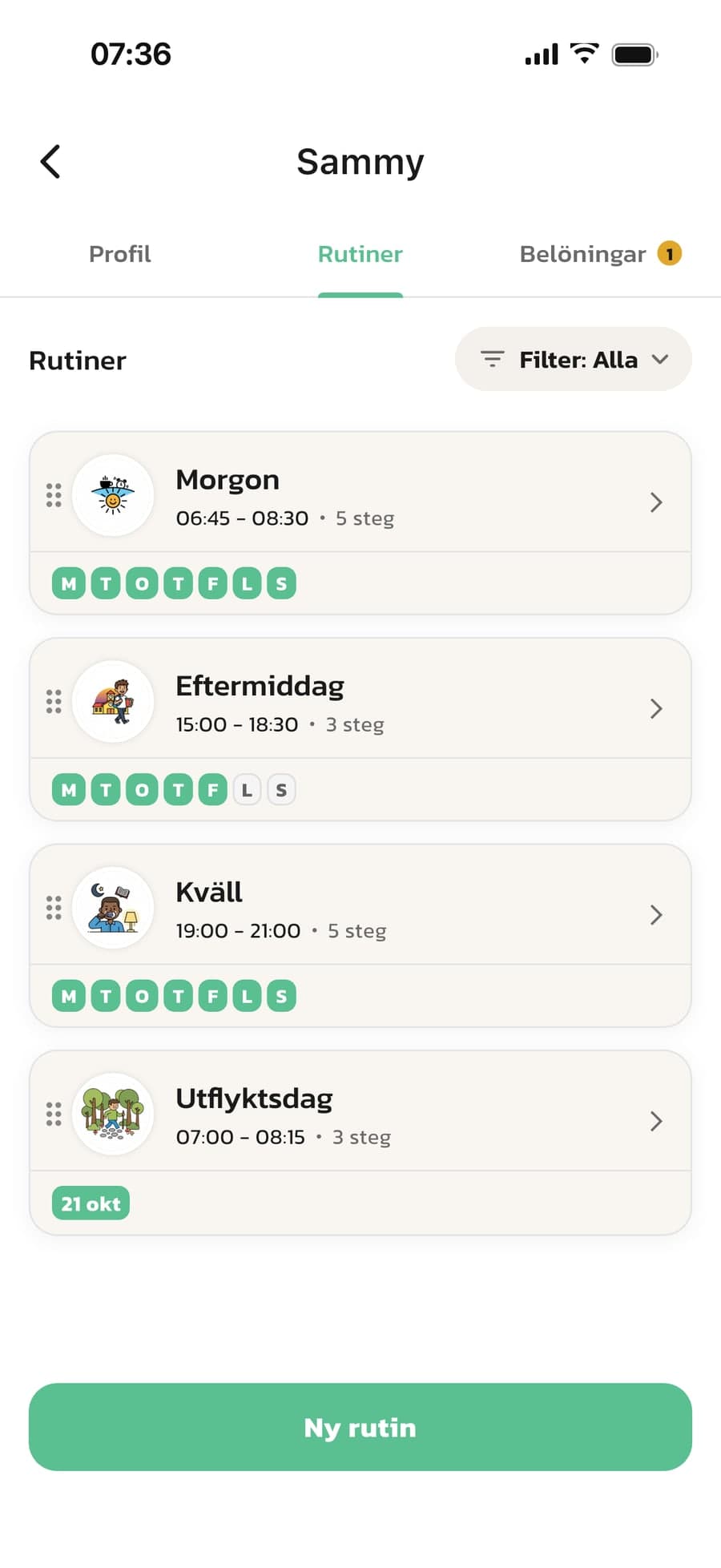 Sammys rutiner i Rutinerad: Morgon, Eftermiddag och Kväll med veckodagar och Utflyktsdag på ett valt datum