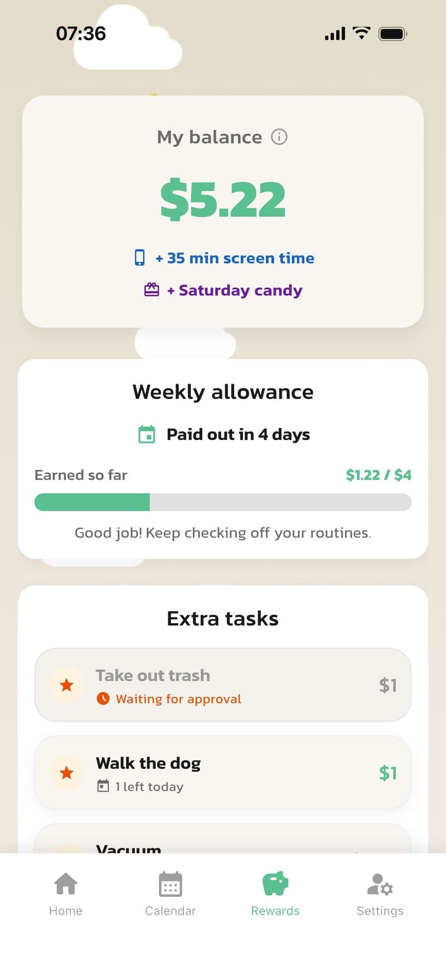 The child's Rewards tab in Routined with balance, weekly allowance and extra tasks