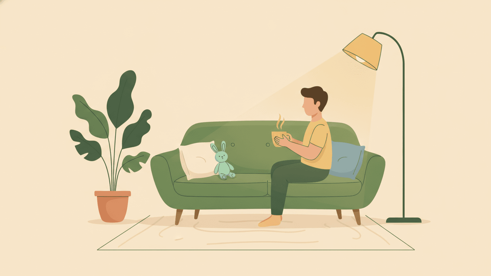 Ein Elternteil sitzt abends allein auf dem Sofa mit einer warmen Tasse und dem Kuscheltier des Kindes daneben.