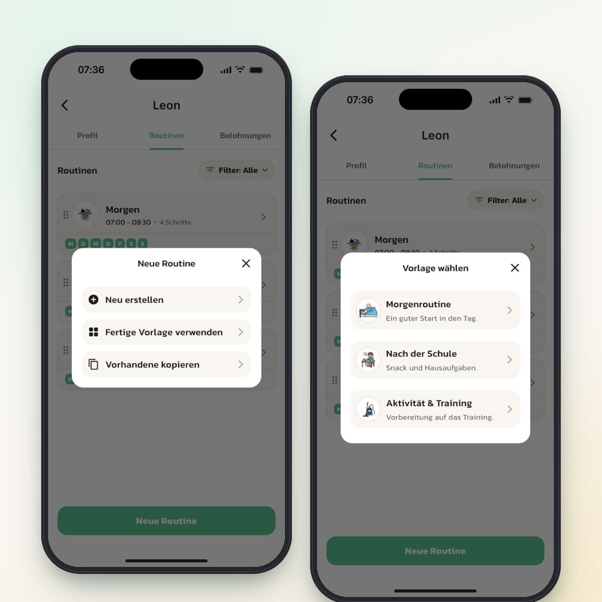 Der Dialog Neue Routine in Routined und die Liste mit fertigen Vorlagen