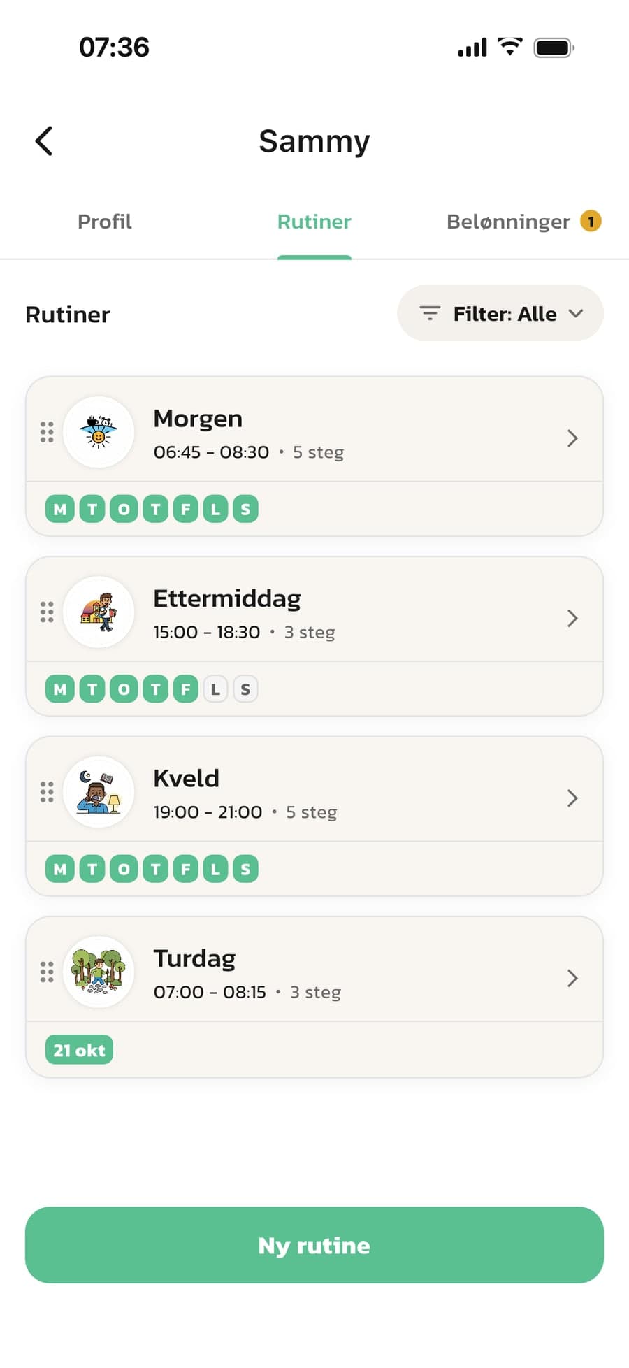 Sammys rutiner i Routined: Morgen, Ettermiddag og Kveld med ukedager og Turdag på en valgt dato