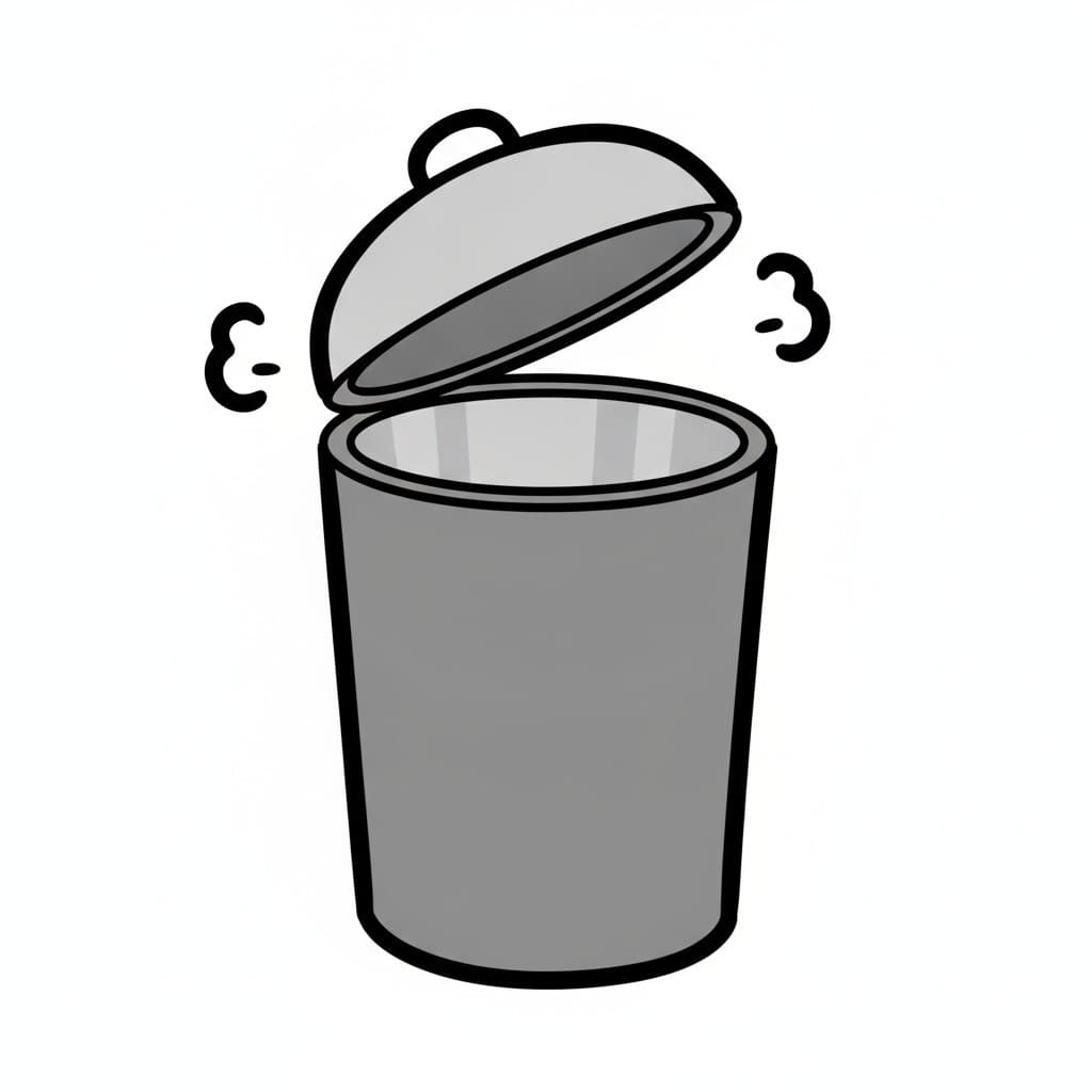 A cartoon grey bin with its lid lifting open.