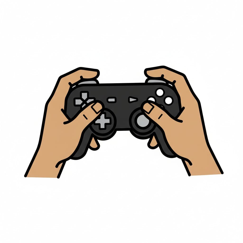 Hände halten einen schwarzen Gamecontroller.