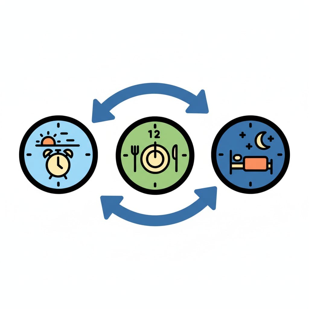 Et ikon, der viser tre ure i en cirkel, som repræsenterer en daglig rutine. Det første ur viser en vækkeur og sol for morgen, det andet en tallerken og bestik for måltider, og det tredje en seng og måne for nat. Blå pile forbinder dem i en cirkel.