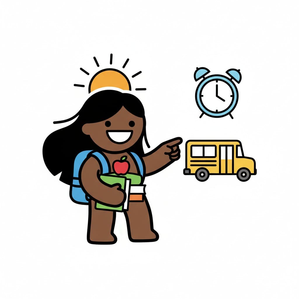 A girl with a backpack and books points towards a school bus while a sun and an alarm clock are shown beside her.