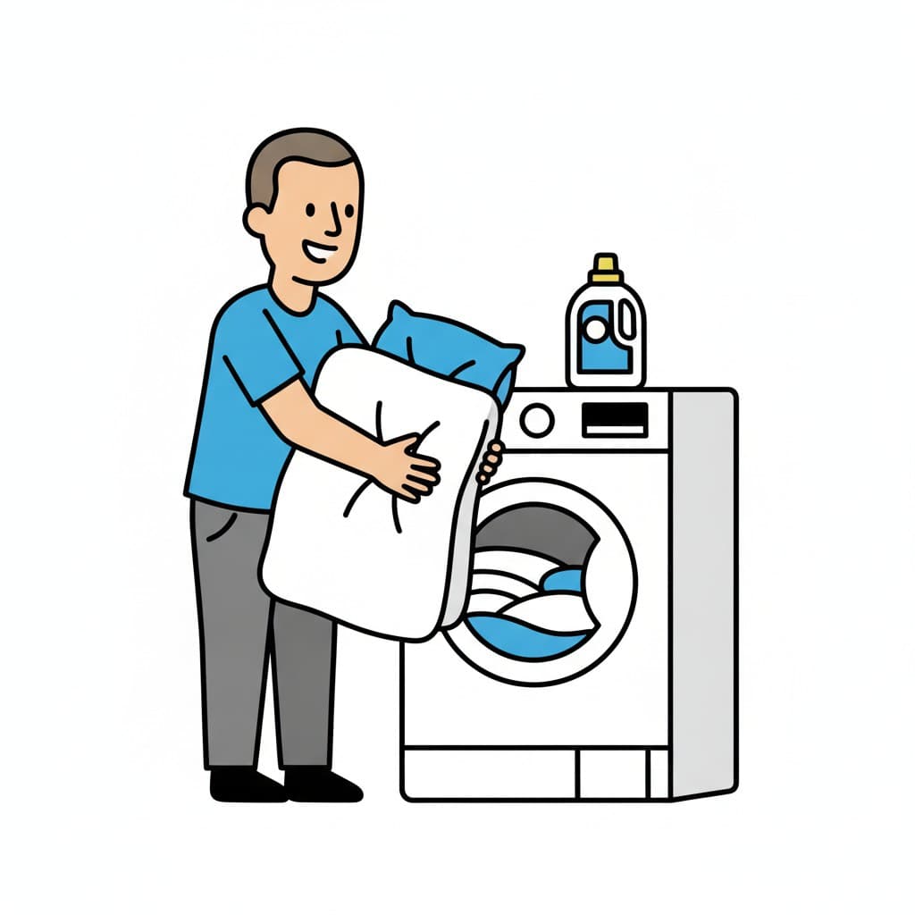 Ein Mann füllt weiße Bettwäsche in die Waschmaschine, auf der eine Flasche Waschmittel steht.