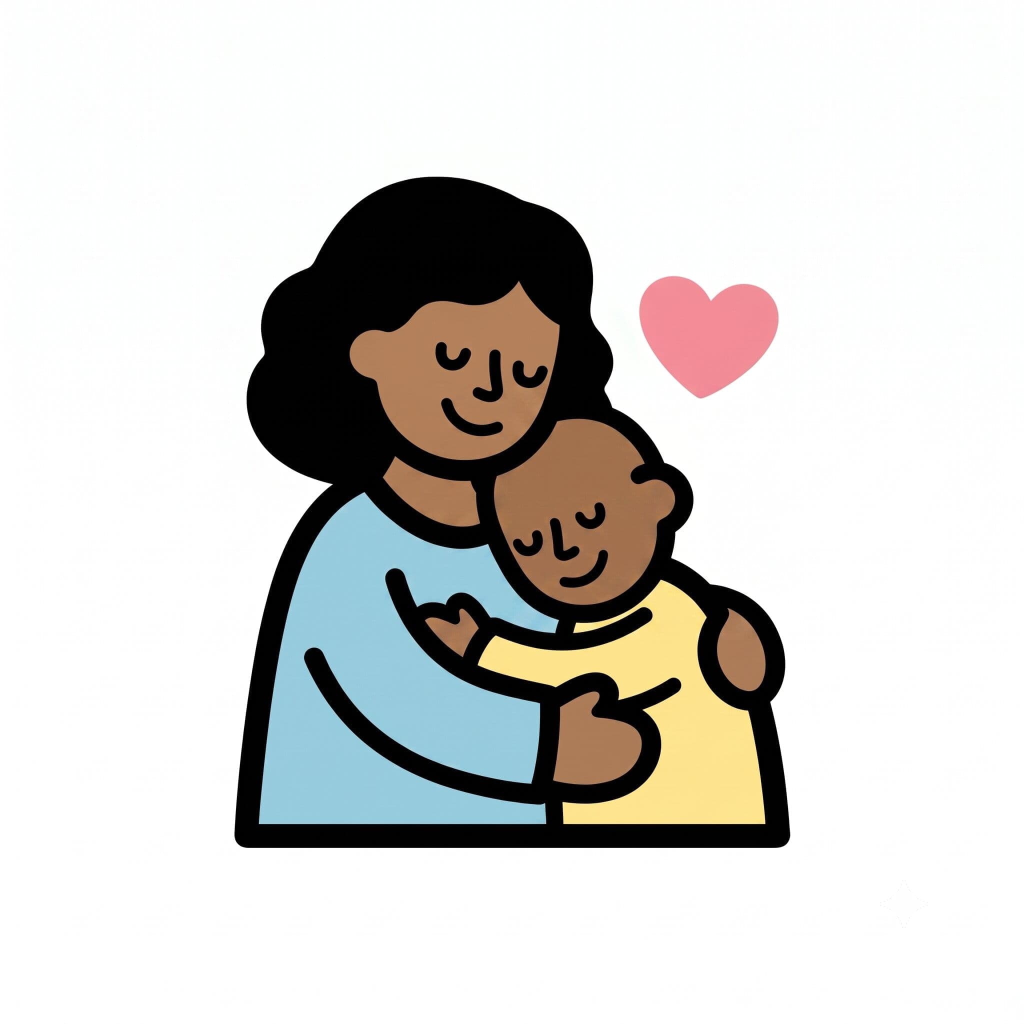 An adult tenderly cuddles a child with a heart nearby.