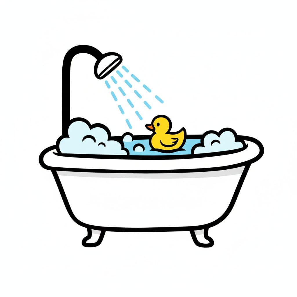 A white bathtub on feet fills with water and foam while a shower head sprays from above, and a yellow rubber duck floats in the water.