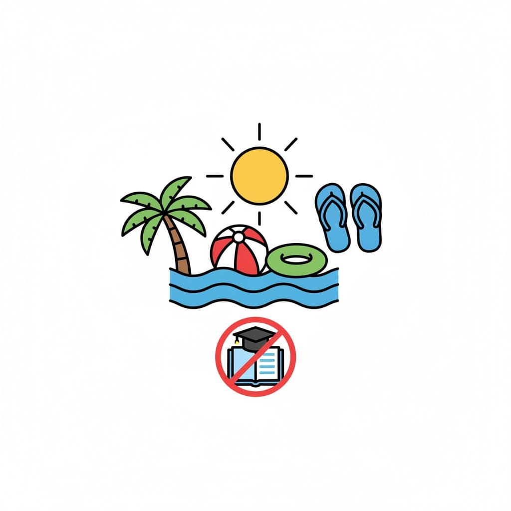 A beach scene with a palm tree, ball and flip-flops, and a crossed-out school board.