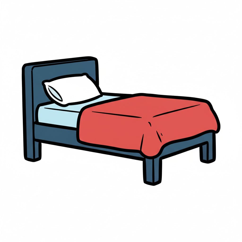 En säng med en blå ram, ljusblå lakan, en vit kudde och ett rött täcke.