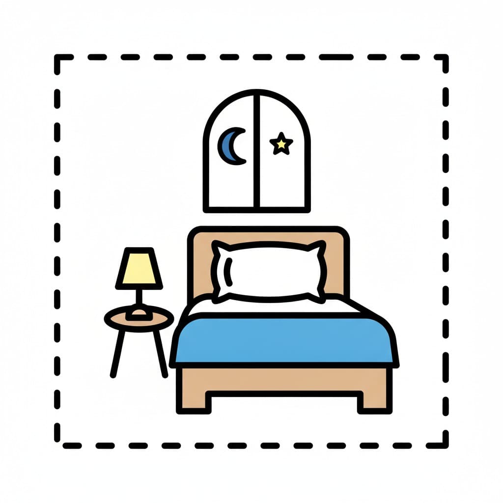 A bedroom scene with a made bed, a bedside table with a lamp, and a window showing a moon and a star.