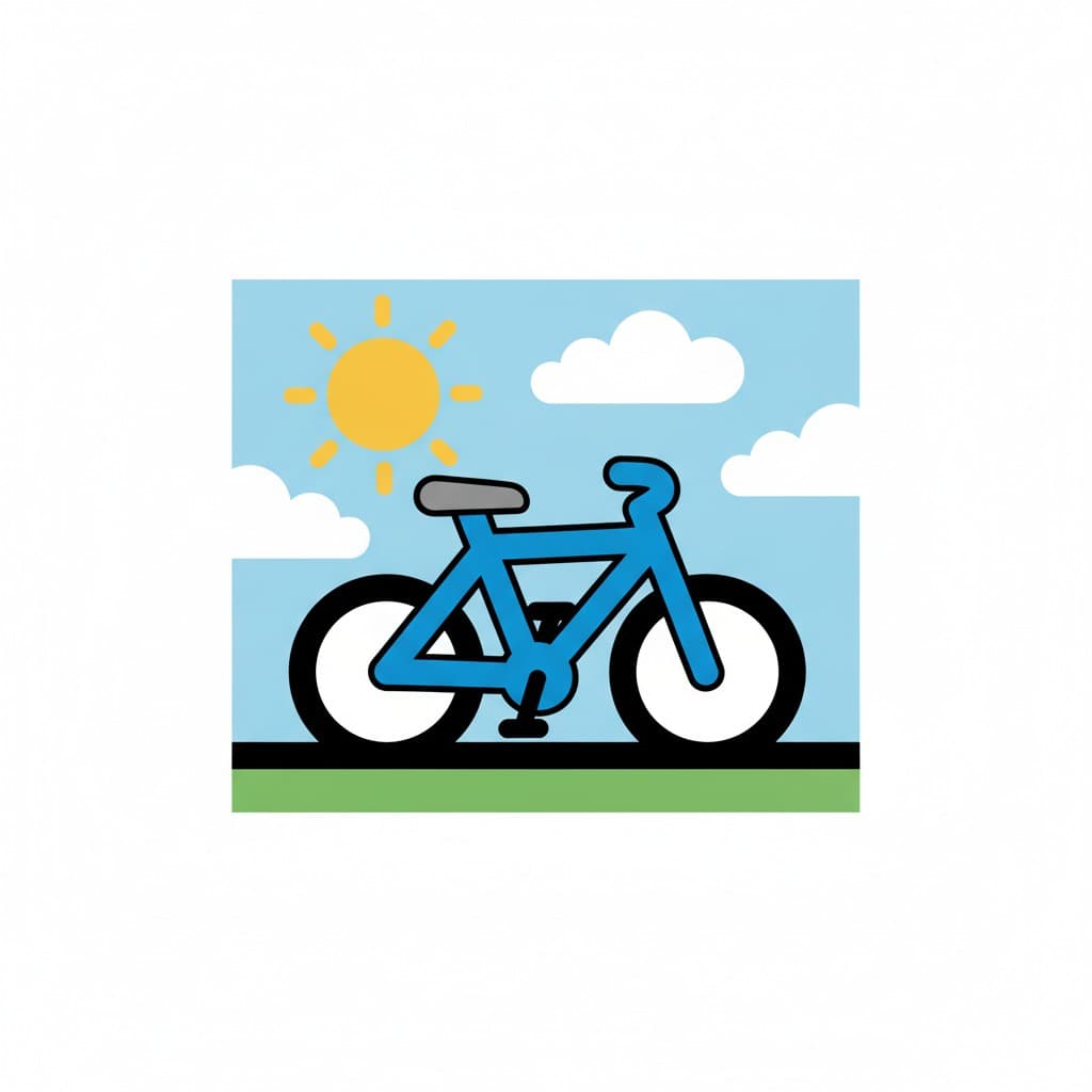 En blå cykel står udendørs med sol og hvide skyer på himlen.