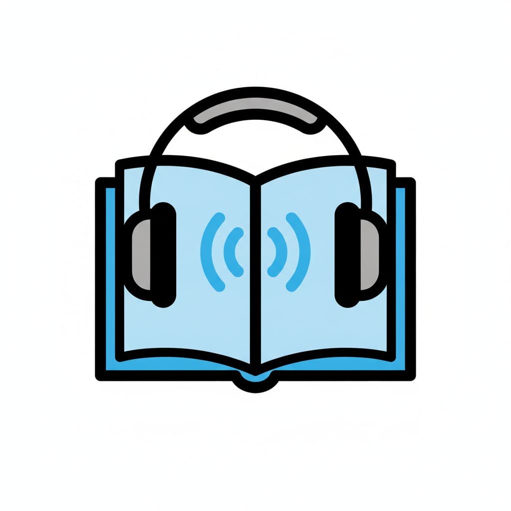 A light blue open book with headphones draped over it and small audio arcs drawn on the pages.