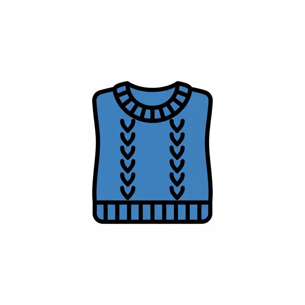 Ein blauer Strickpullover mit Zopfmuster, Rippenbündchen am Hals und am Saum, von vorn gesehen.