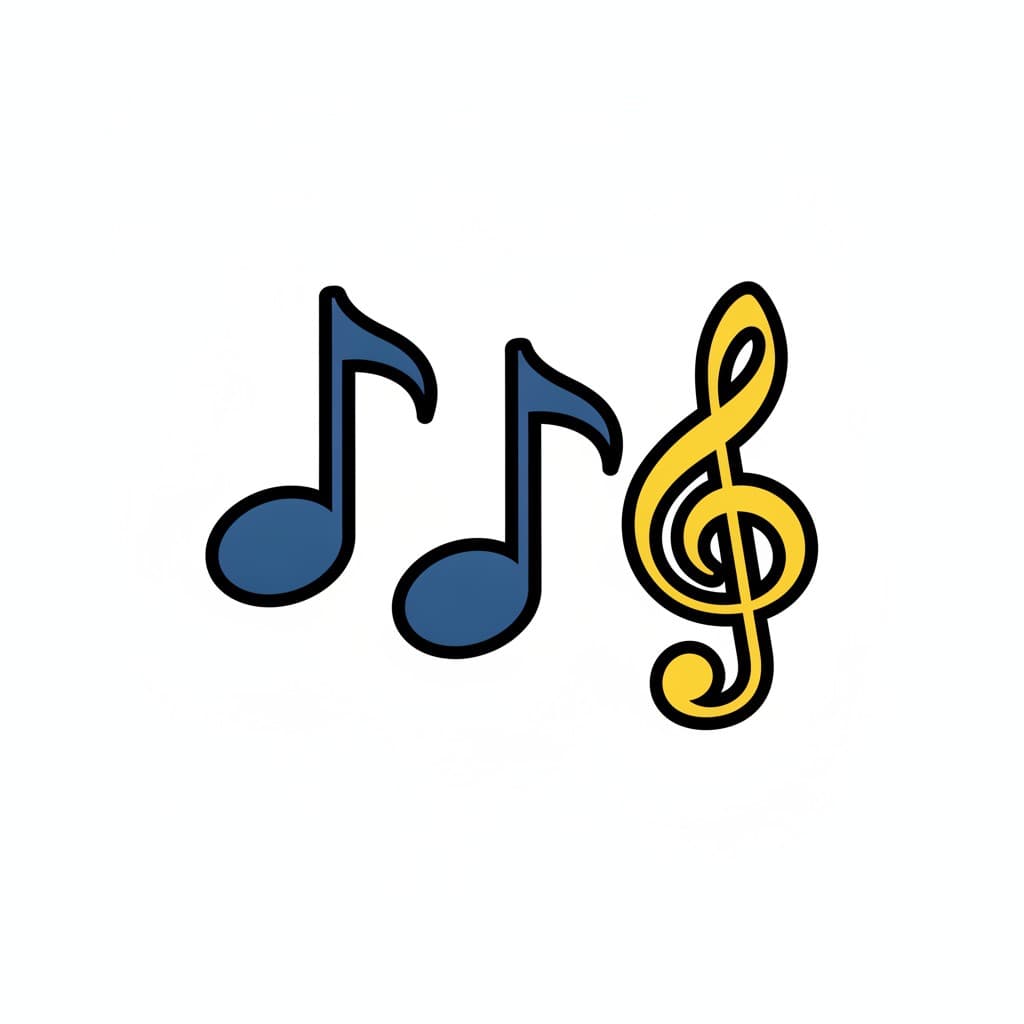 Two blue musical notes stand next to a yellow treble clef.