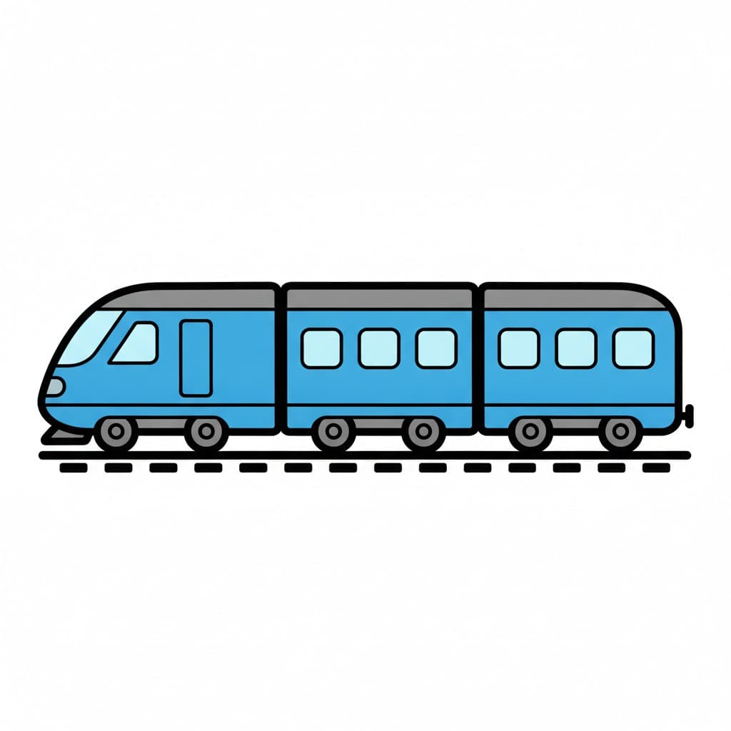 A blue passenger train with several carriages on a railway track.