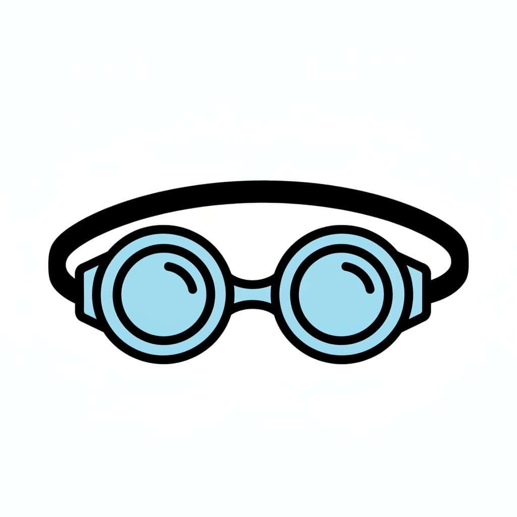 A pair of light blue swimming goggles with a black strap.