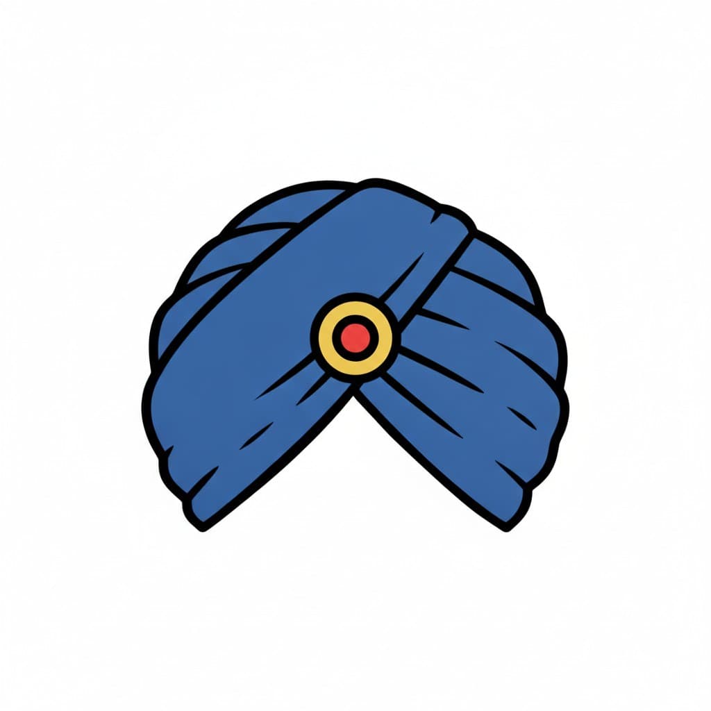 En blå turban med en gul och röd rund brosch framtill.