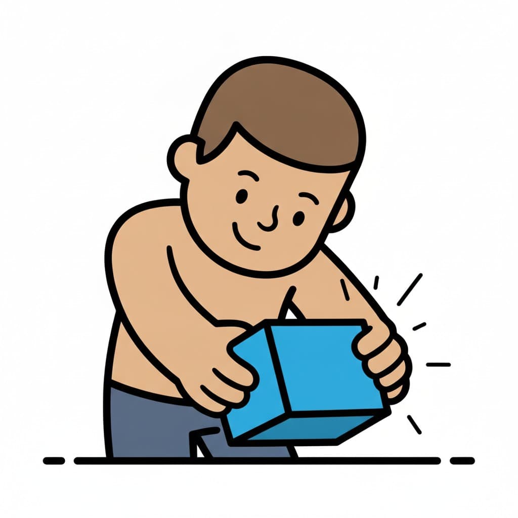 A boy bends down and lifts a blue box from the floor.